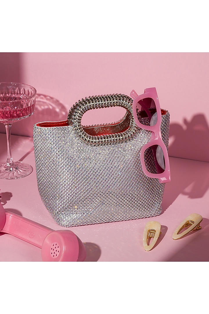 Silver Satin Crystal Embellished Tote Bag by House of BIO by Ritti Khanna at Pernia's Pop Up Shop