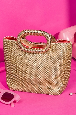Gold Satin Crystal Embellished Tote Bag by House of BIO by Ritti Khanna