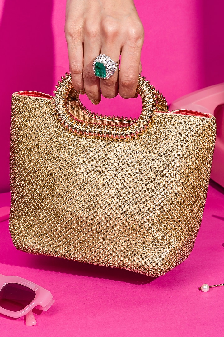 Gold Satin Crystal Embellished Tote Bag by House of BIO by Ritti Khanna at Pernia's Pop Up Shop