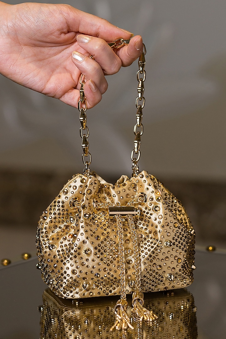 Gold Satin Crystal Embellished Mini Bucket Bag by House of BIO by Ritti Khanna
