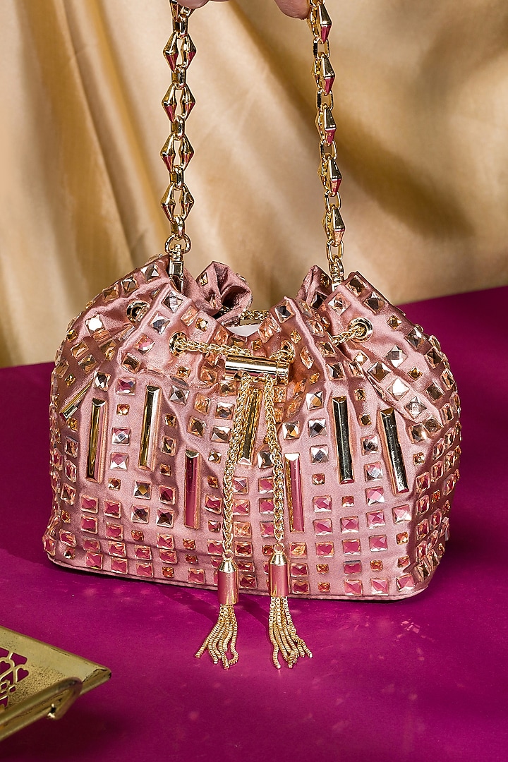 Mauve Satin Crystal Embellished Bucket Bag by House of BIO by Ritti Khanna