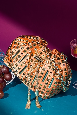 Orange Satin Crystal Embellished Bucket Bag by House of BIO by Ritti Khanna