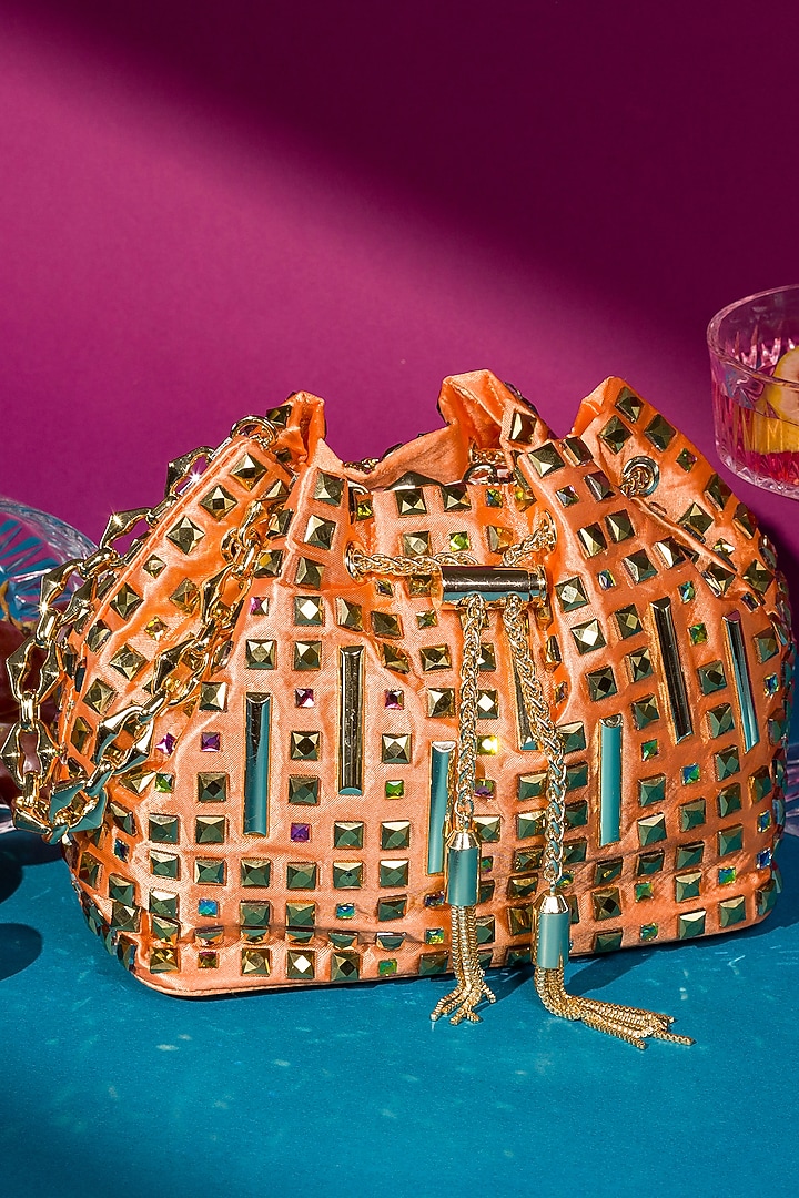 Orange Satin Crystal Embellished Bucket Bag by House of BIO by Ritti Khanna at Pernia's Pop Up Shop