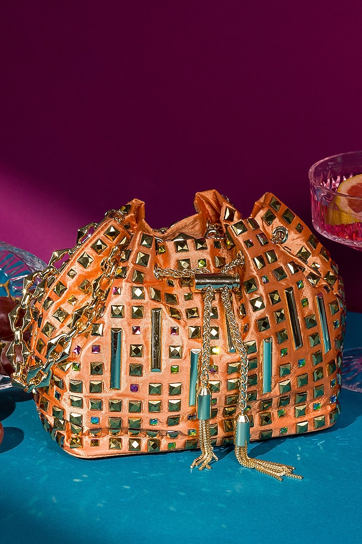 Orange Satin Crystal Embellished Bucket Bag by House of BIO by Ritti Khanna at Pernia's Pop Up Shop