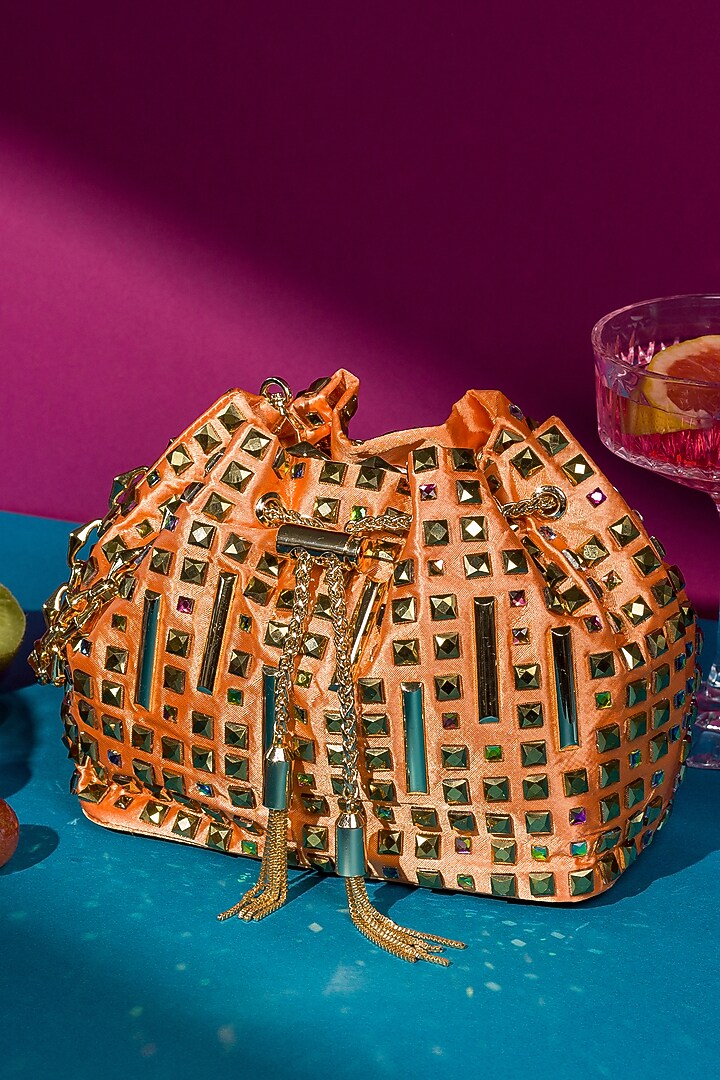 Orange Satin Crystal Embellished Bucket Bag by House of BIO by Ritti Khanna at Pernia's Pop Up Shop