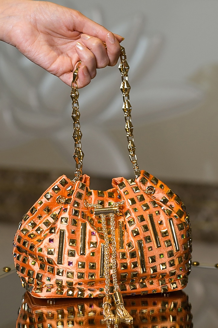 Orange Satin Crystal Embellished Bucket Bag by House of BIO by Ritti Khanna at Pernia's Pop Up Shop