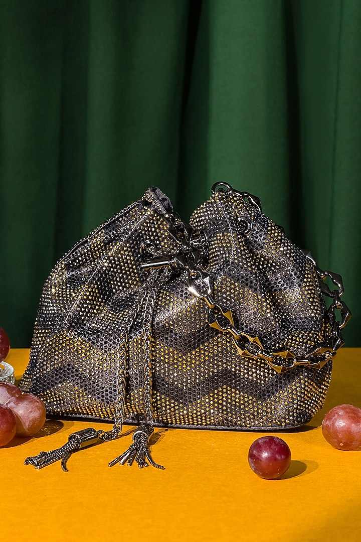 Black Satin Crystal embellished Bucket Bag by House of BIO by Ritti Khanna