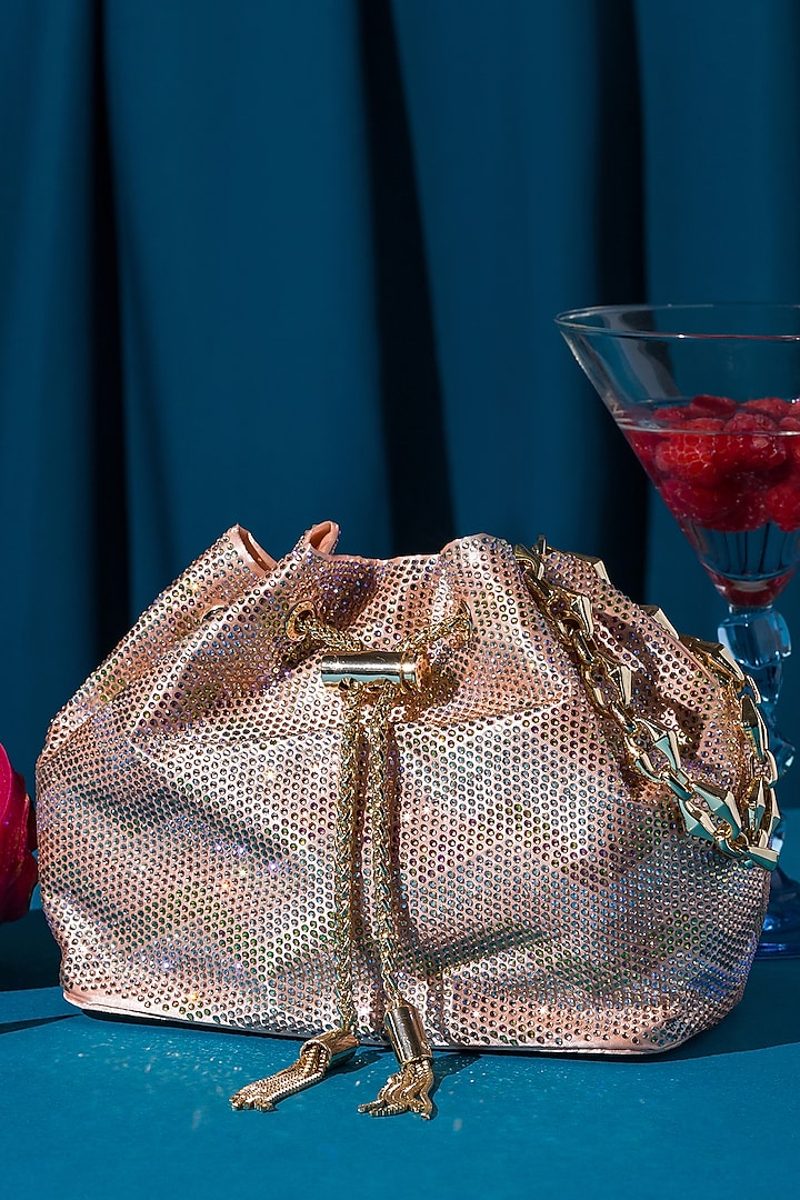 Pink Satin Crystal embellished Bucket Bag by House of BIO by Ritti Khanna
