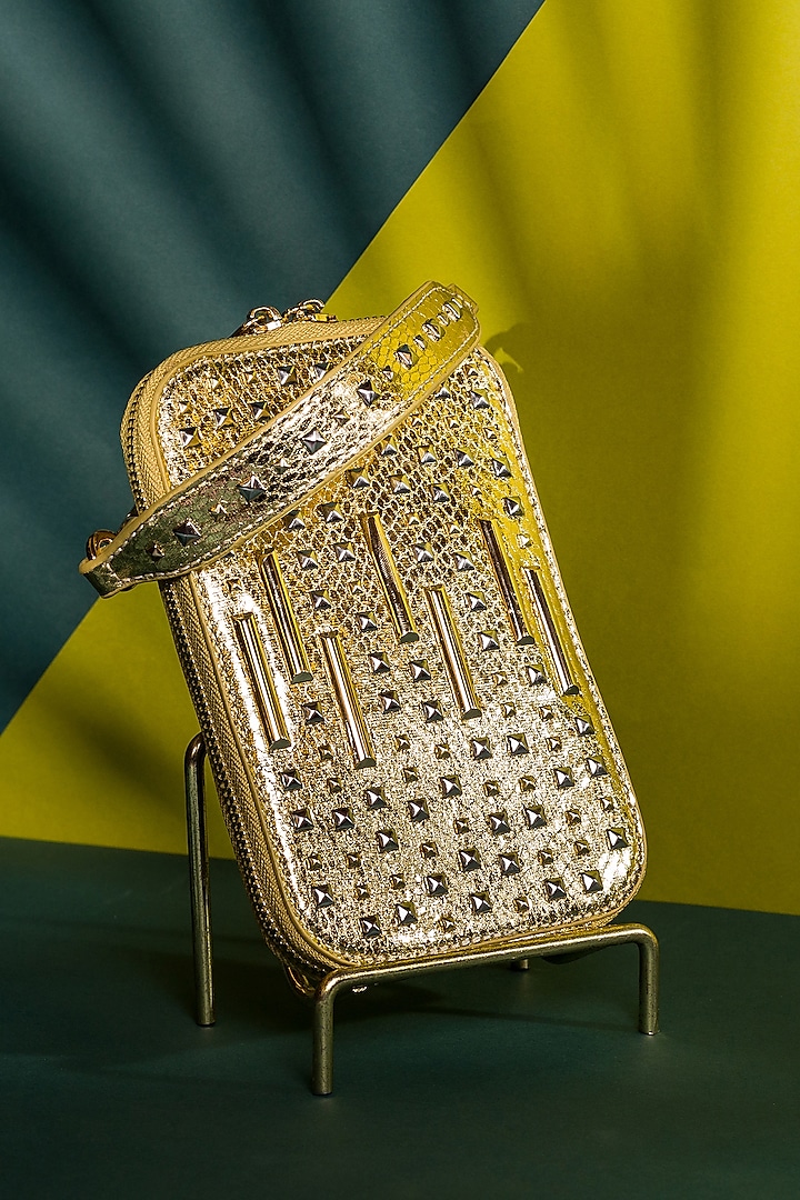 Gold Glittery PU Stud Embellished Mobile Bag by House of BIO by Ritti Khanna