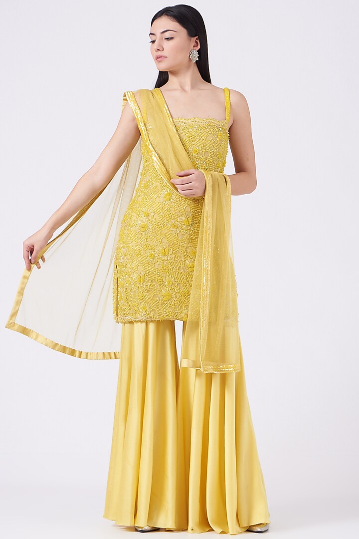 Yellow Chantilly Lace Sharara Set by House of Exotique