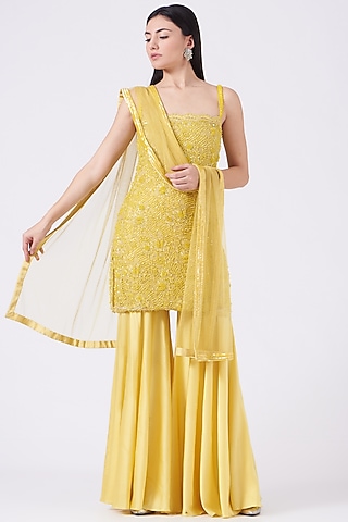 Yellow Chantilly Lace Sharara Set by House of Exotique