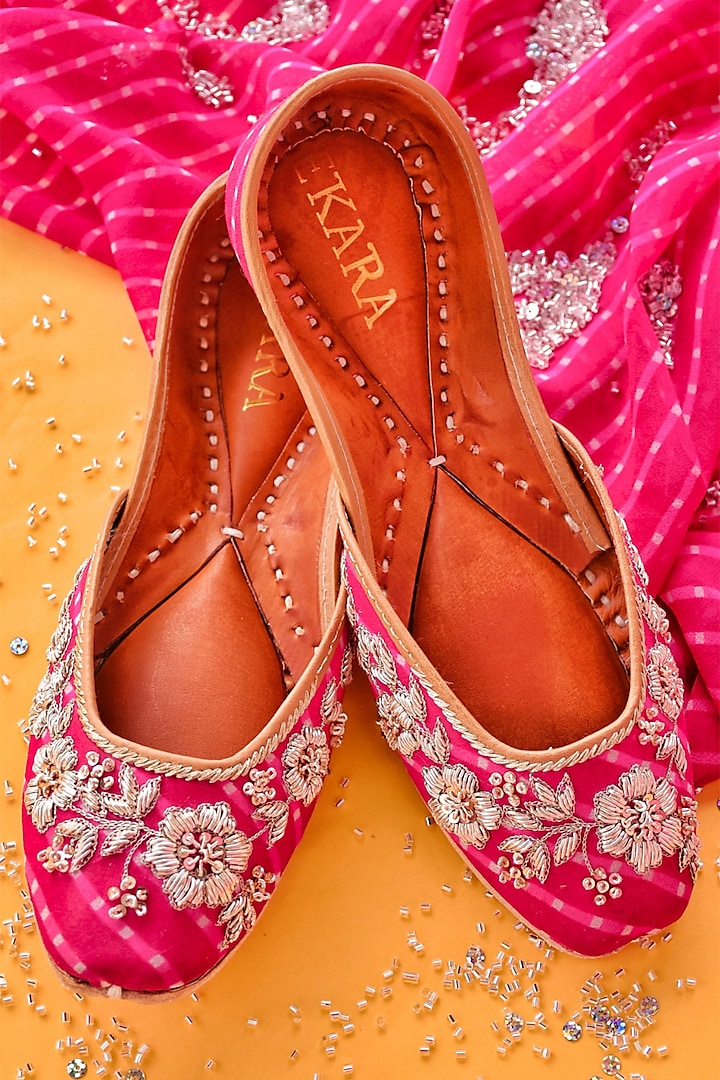 Hot Pink Floral Embroidered Juttis by House of Ekara