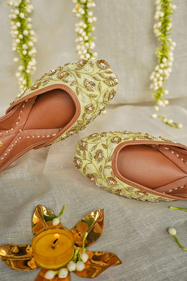 Pastel Green Embroidered Juttis by House of Ekara