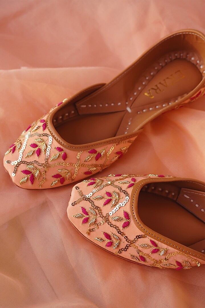 Peach Sequins Embroidered Juttis by House of Ekara