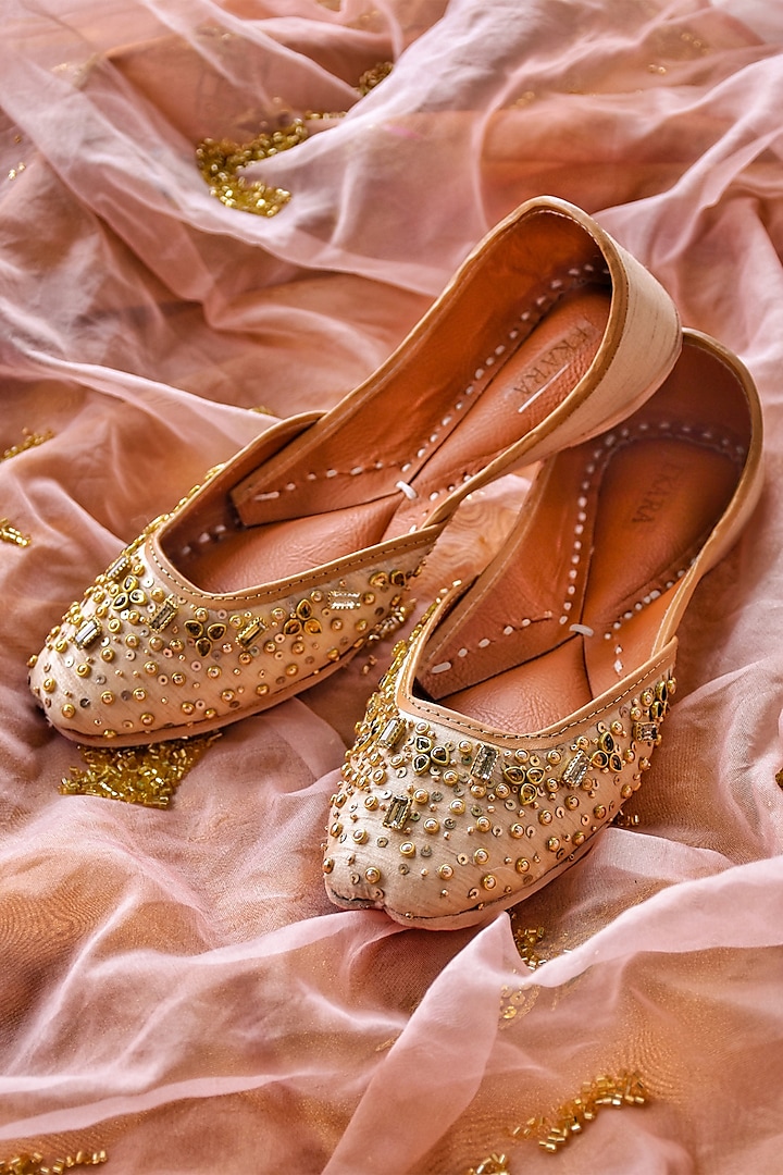 Beige Sequins Embroidered Juttis by House of Ekara
