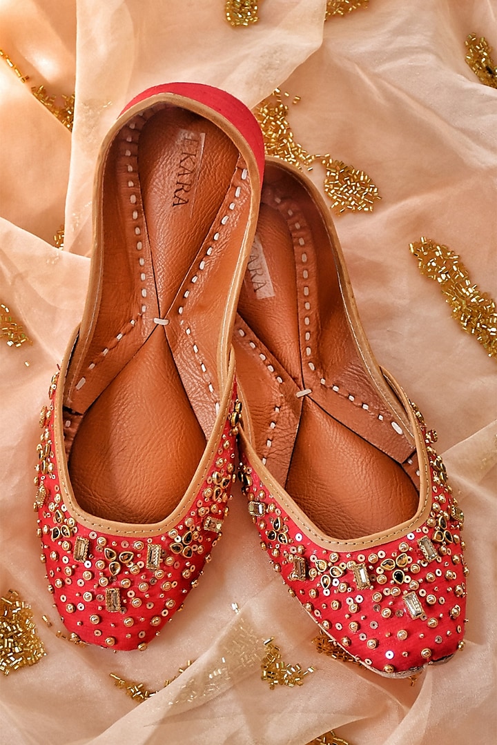 Red Embroidered Juttis by House of Ekara