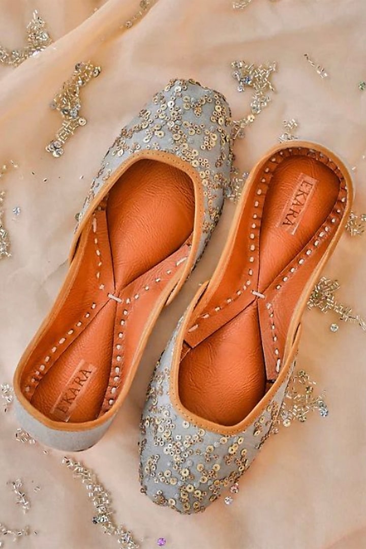 Powder Blue Sequins Embroidered Juttis by House of Ekara