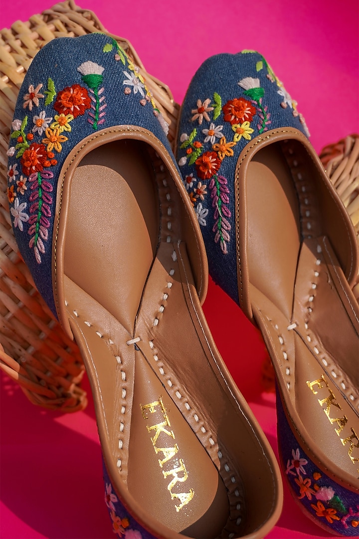 Blue Floral Embroidered Juttis by House of Ekara