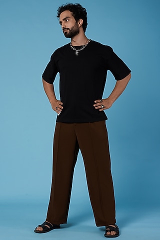 Brown Poly Blend Straight Fit Pants by HOPHEAD