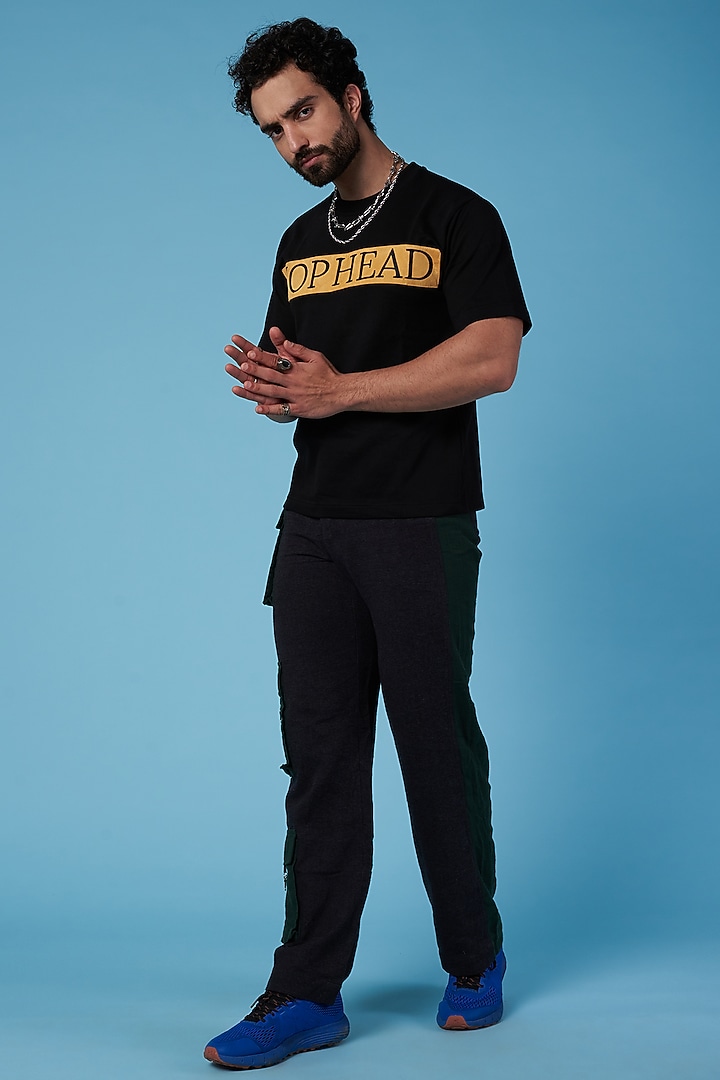 Black Vegan Suede Embroidered T-Shirt by HOPHEAD at Pernia's Pop Up Shop