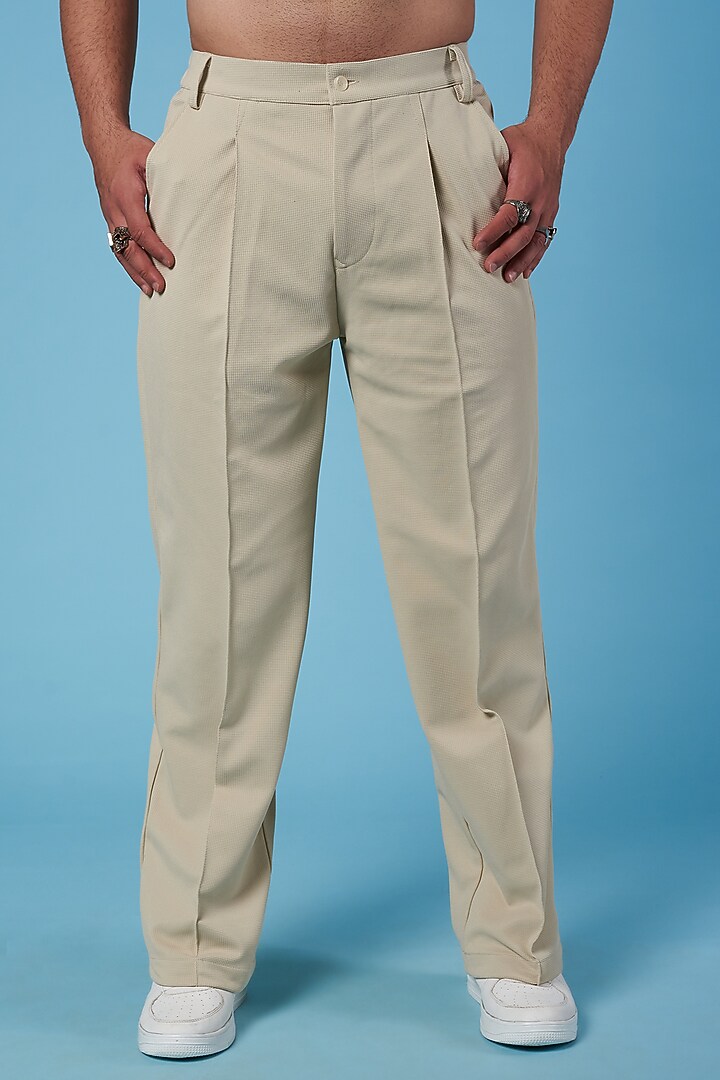Beige Textured Poly Straight Pants by HOPHEAD at Pernia's Pop Up Shop