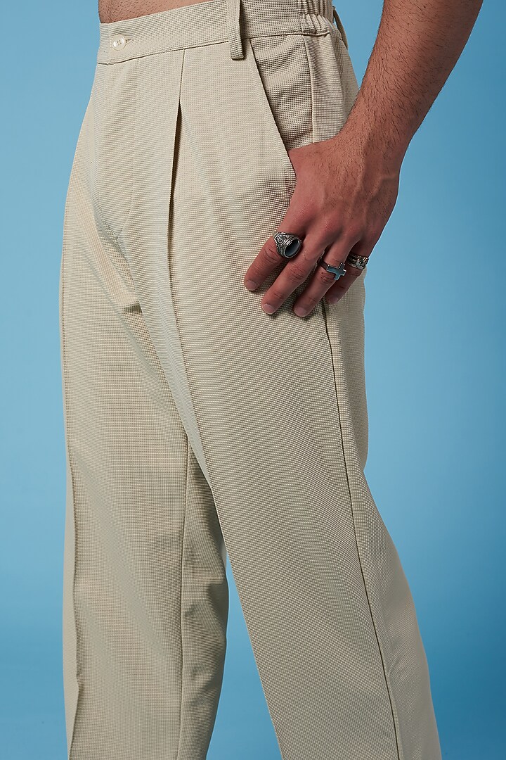 Beige Textured Poly Straight Pants by HOPHEAD at Pernia's Pop Up Shop