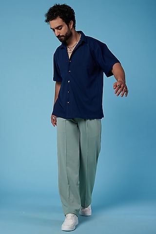 Mint Green Textured Poly Straight Pants by HOPHEAD