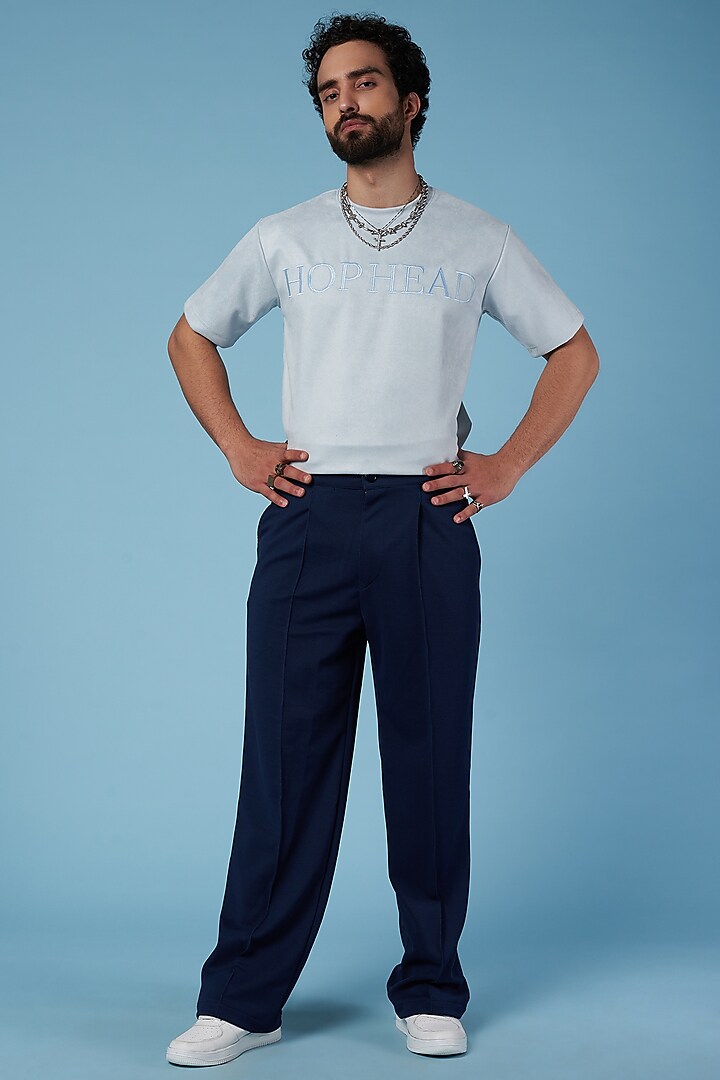 Dark Blue Textured Poly Straight Pants by HOPHEAD