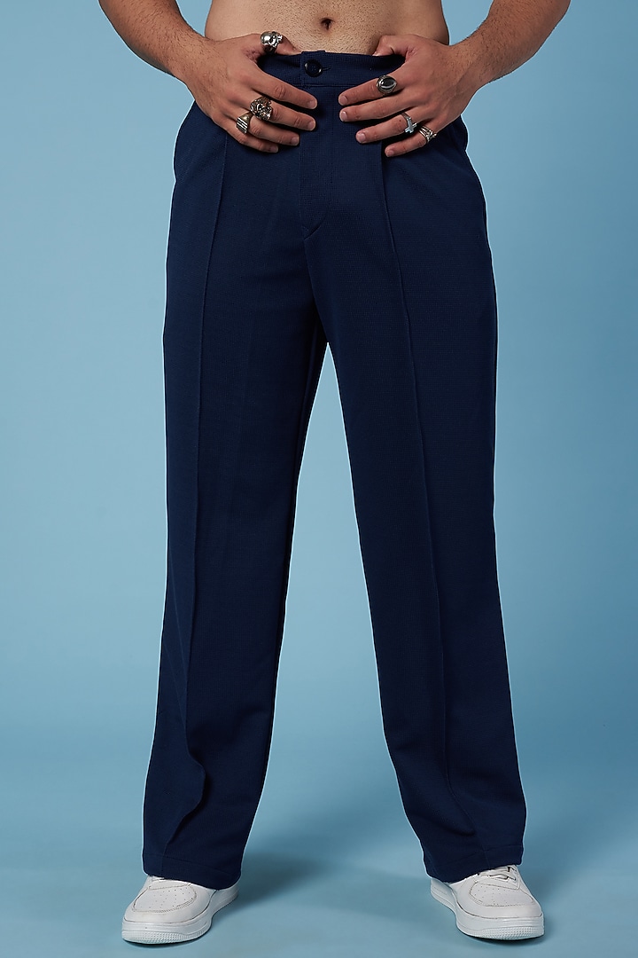 Dark Blue Textured Poly Straight Pants by HOPHEAD at Pernia's Pop Up Shop