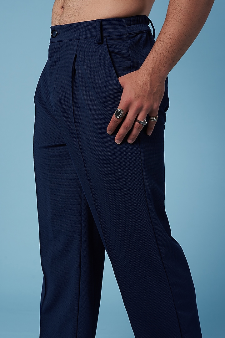 Dark Blue Textured Poly Straight Pants by HOPHEAD at Pernia's Pop Up Shop