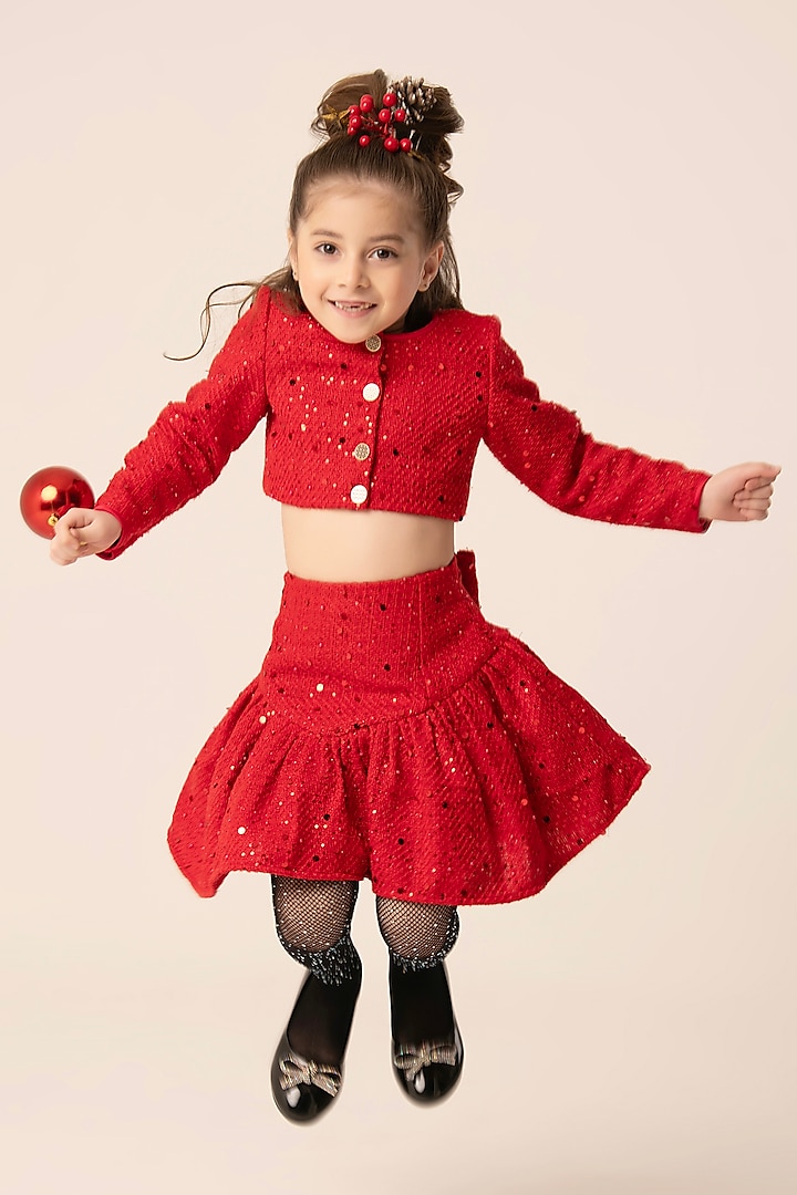 Red Tweed Sequins Embroidered Co-Ord Set For Girls by Hoity Moppet at Pernia's Pop Up Shop