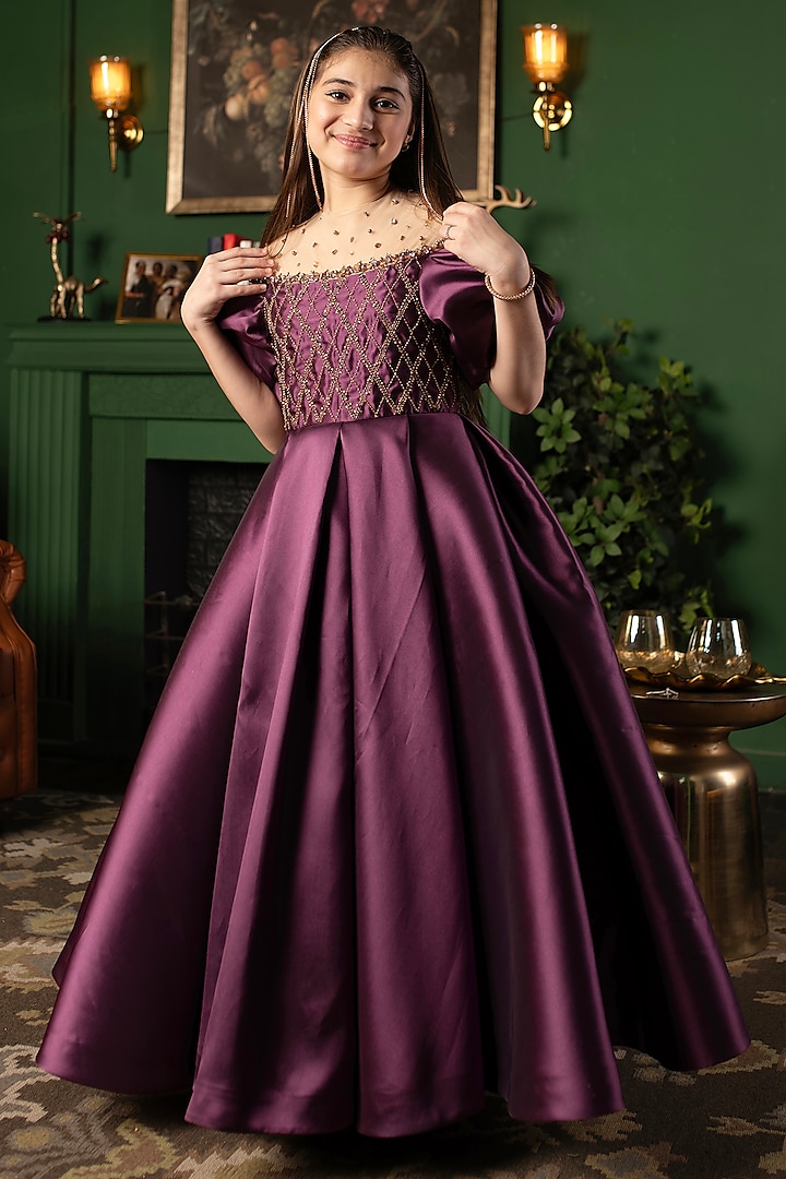 Purple Dutch Satin Gown For Girls by Hoity Moppet at Pernia's Pop Up Shop