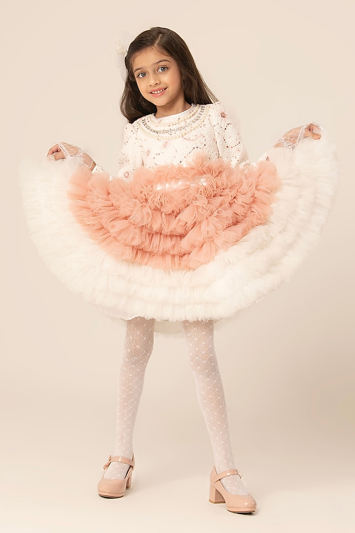 White & Peach Tweed & Tulle Dress For Girls by Hoity Moppet at Pernia's Pop Up Shop