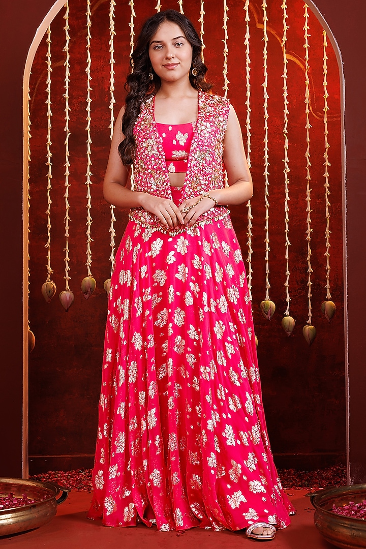 Pink Georgette Hand Work Jacket Lehenga Set For Girls by Hoity Moppet at Pernia's Pop Up Shop