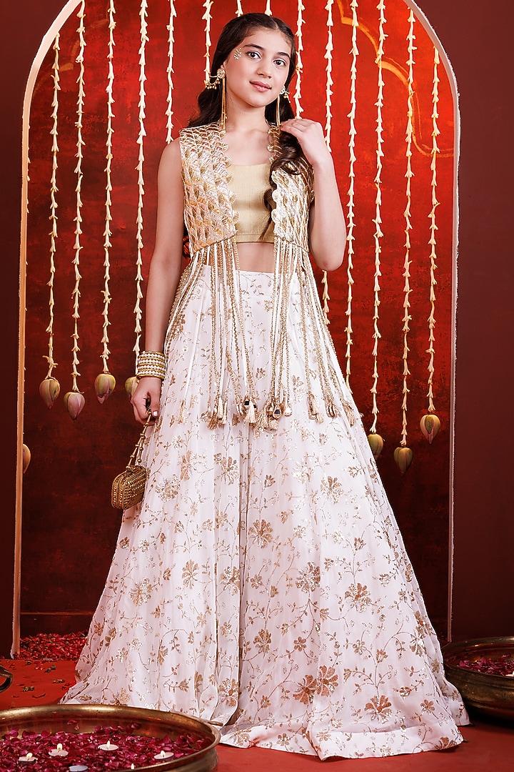 White Georgette Floral Embroidered Jacket Lehenga Set For Girls by Hoity Moppet at Pernia's Pop Up Shop