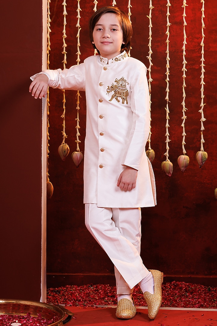 White Silk Sherwani Set For Boys by Hoity Moppet at Pernia's Pop Up Shop