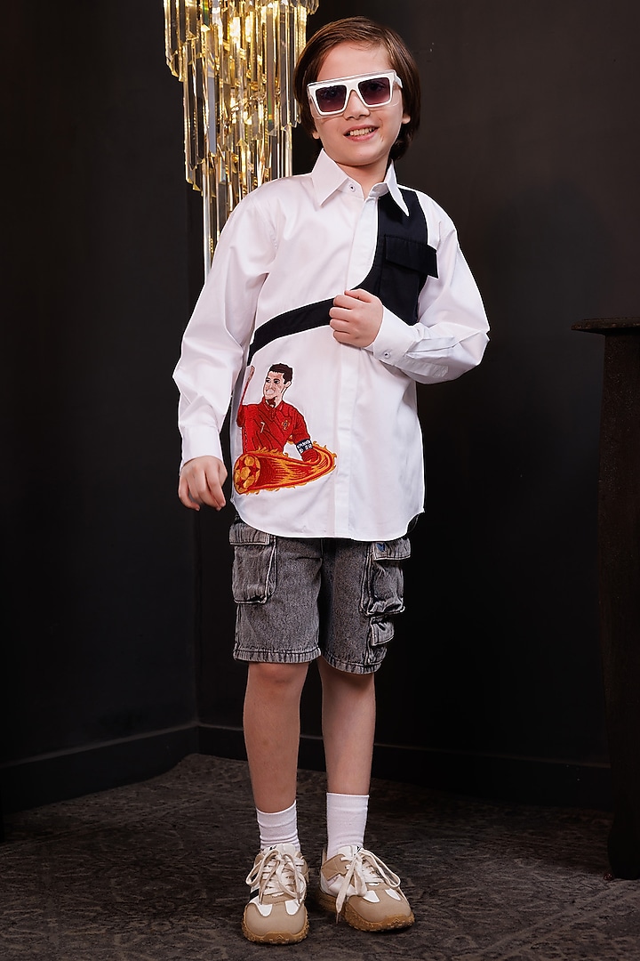White Crisp Cotton Ronaldo Embroidered Shirt For Boys by Hoity Moppet at Pernia's Pop Up Shop