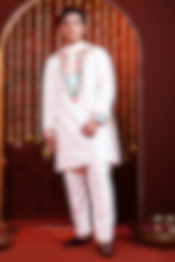 White Silk Embroidered Kurta Set For Boys by Hoity Moppet at Pernia's Pop Up Shop