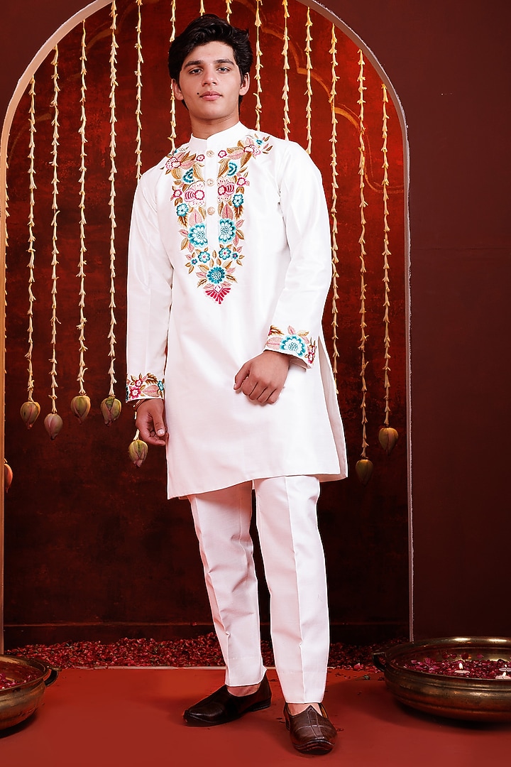 White Silk Embroidered Kurta Set For Boys by Hoity Moppet at Pernia's Pop Up Shop