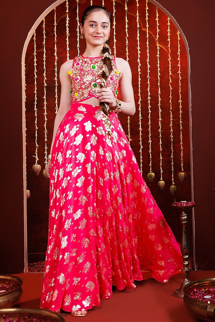 Pink Georgette Embroidered Lehenga Set For Girls by Hoity Moppet at Pernia's Pop Up Shop