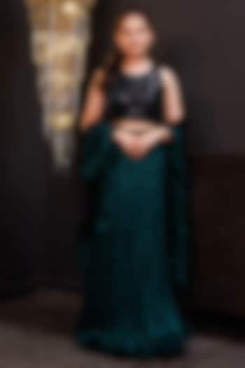 Green Crinkled Net Embroidered Lehenga Set For Girls by Hoity Moppet at Pernia's Pop Up Shop
