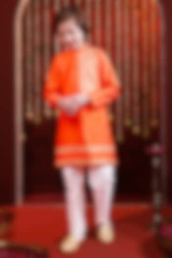Orange Silk Kurta Set For Boys by Hoity Moppet at Pernia's Pop Up Shop