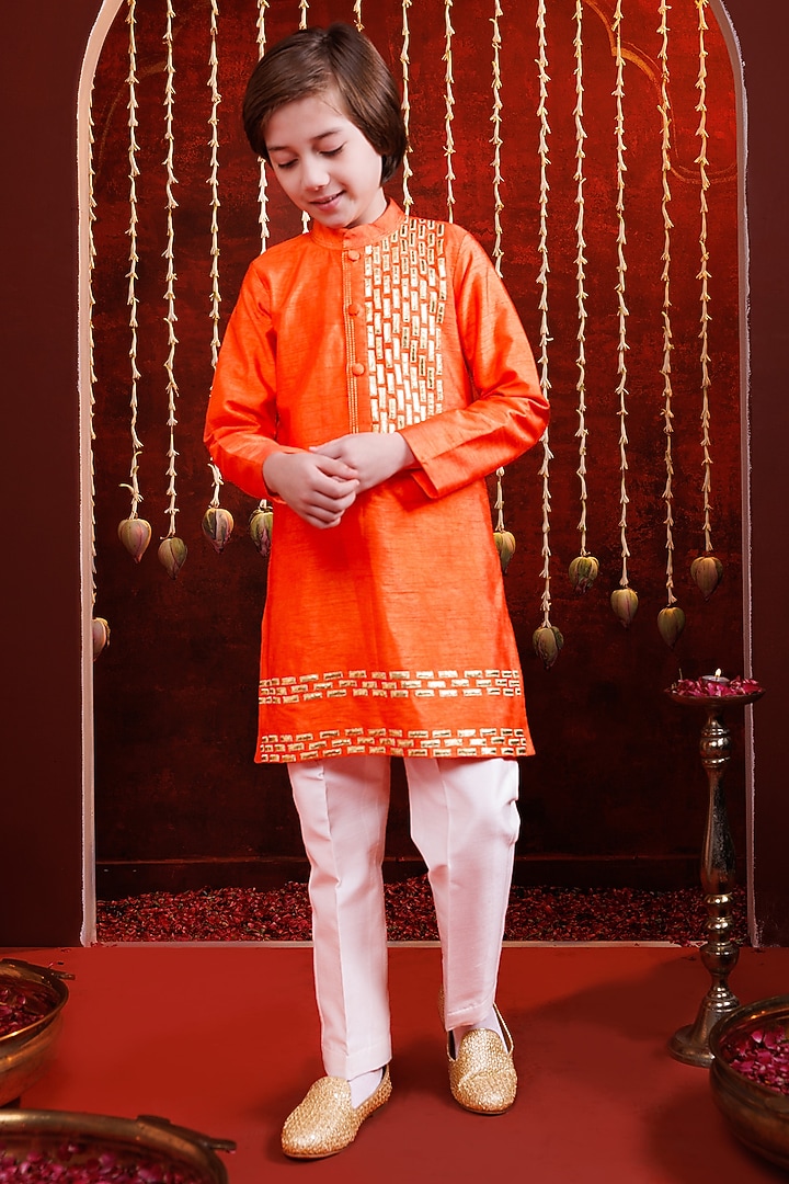 Orange Silk Kurta Set For Boys by Hoity Moppet at Pernia's Pop Up Shop