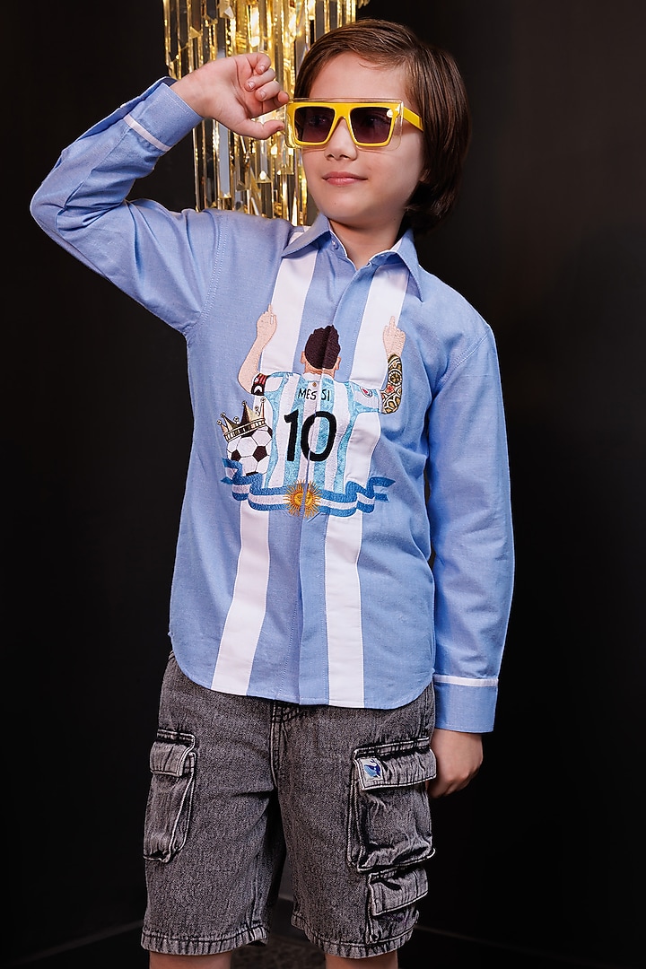 Blue & White Cotton Embroidered Shirt For Boys by Hoity Moppet at Pernia's Pop Up Shop