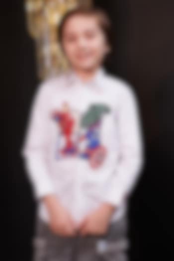 White Cotton Avenger Embroidered Shirt For Boys by Hoity Moppet at Pernia's Pop Up Shop