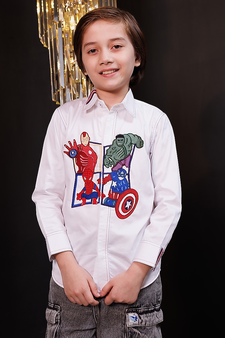 White Cotton Avenger Embroidered Shirt For Boys by Hoity Moppet at Pernia's Pop Up Shop