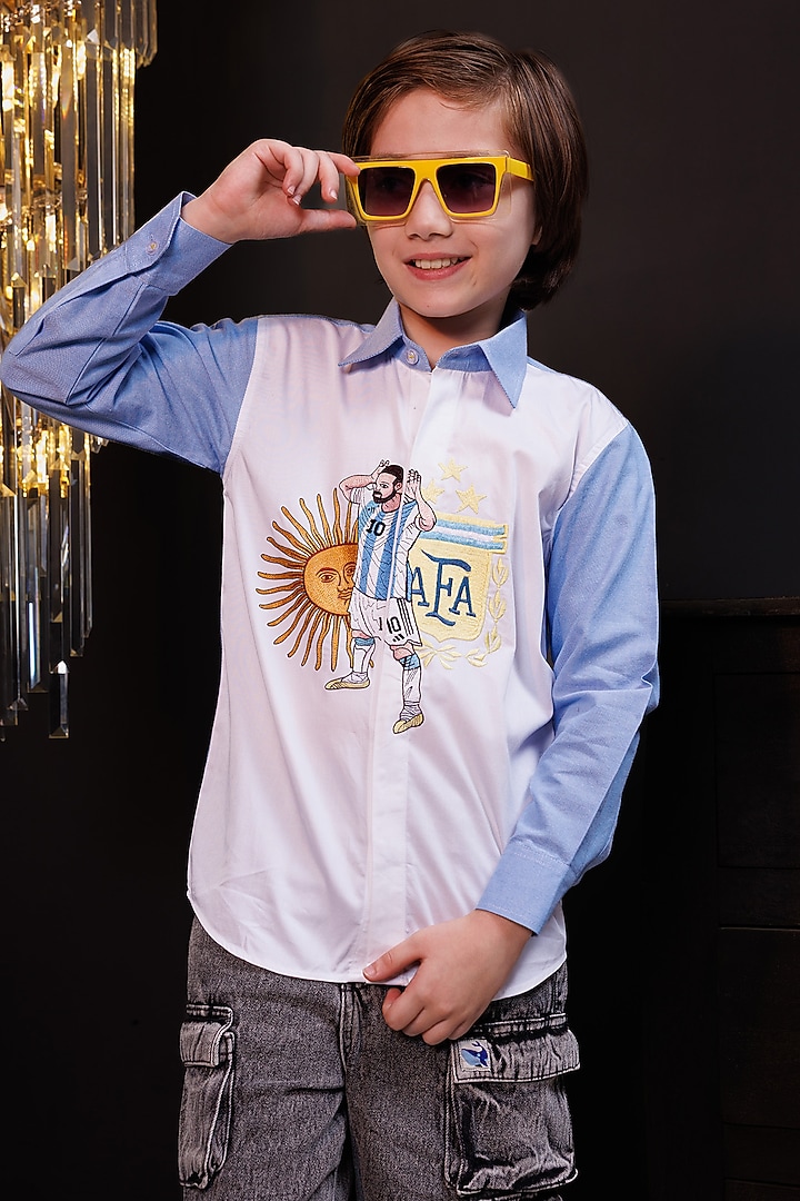 White & Blue Cotton Football Embroidered Shirt For Boys by Hoity Moppet at Pernia's Pop Up Shop