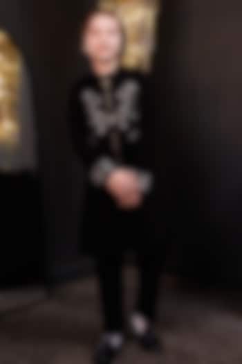 Black Luxury Crepe Swarovski Embroidered Sherwani Set For Boys by Hoity Moppet at Pernia's Pop Up Shop