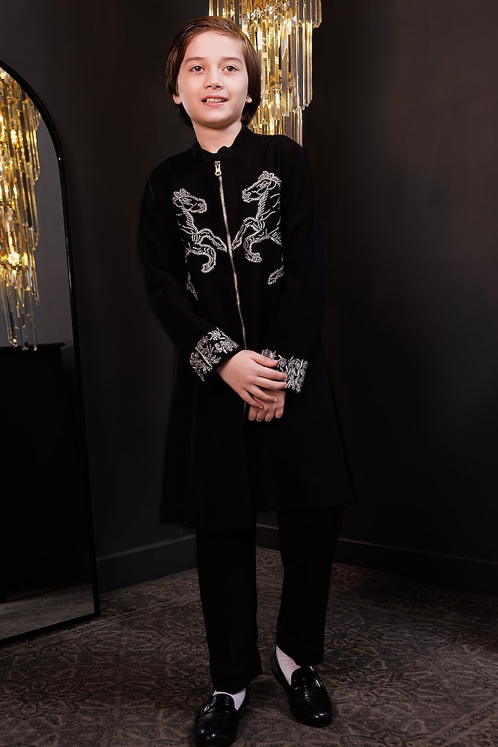 Black Luxury Crepe Swarovski Embroidered Sherwani Set For Boys by Hoity Moppet at Pernia's Pop Up Shop