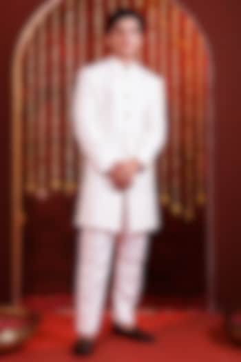 White Silk Sherwani Set For Boys by Hoity Moppet at Pernia's Pop Up Shop